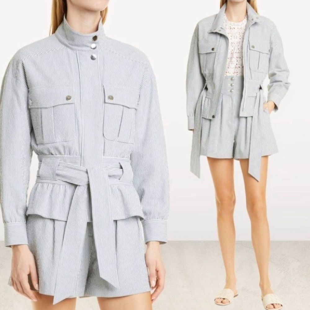 Veronica Beard York Bomber Jacket Striped Seersucker Coastal Preppy Large - Picture 1 of 13
